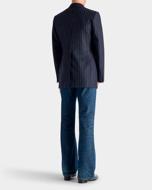 SINGLE-BREASTED JACKET IN WOOL FLANNEL - NAVY WITH WHITE CORD STRIPES - Husbands - 5
