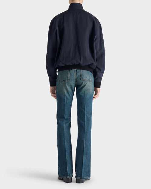 ZIPPED JACKET IN WOOL & LINEN TWILL - NAVY - Husbands Paris - 3
