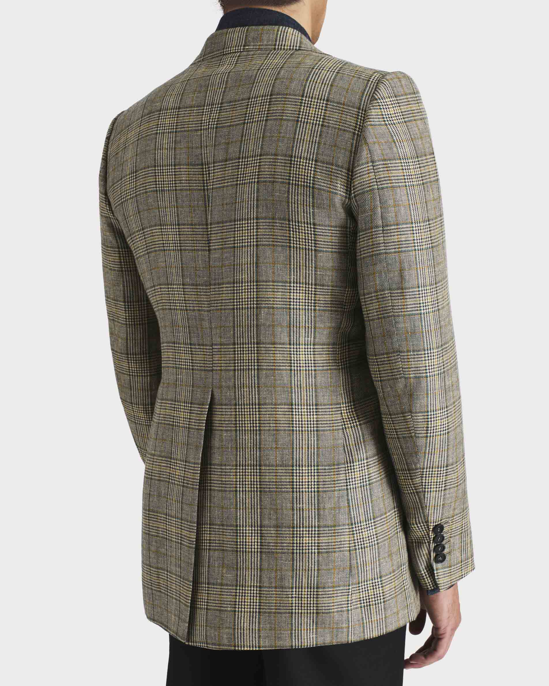SINGLE-BREASTED JACKET IN WORSTED WOOL & LINEN - NAVY & TEAL GLEN