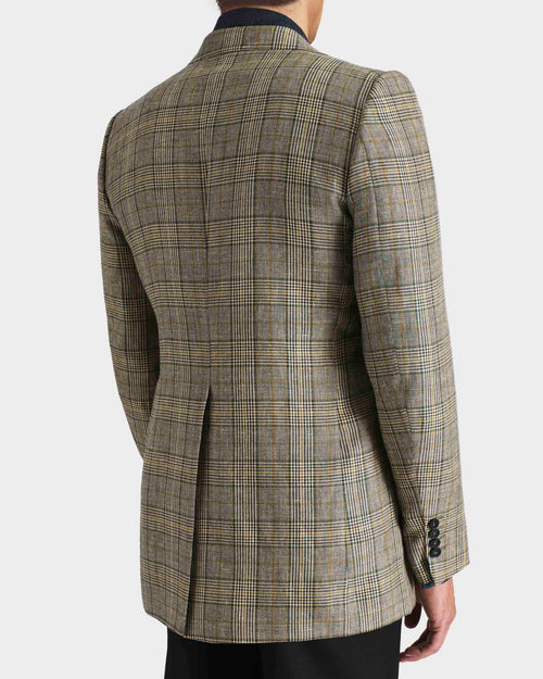 VESTE DROITE EN LAINE PEIGNÉE ET LIN - BLEU MARINE ET TEAL GLENCHECK - Husbands Paris - 2