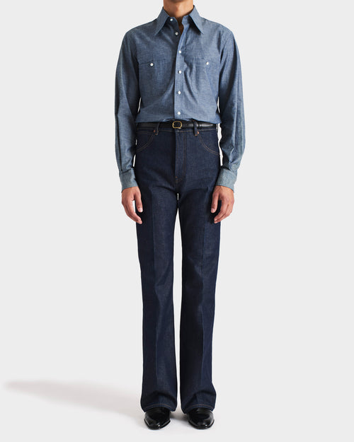 CHEMISE COL LARGE EN COTON ET LIN CHAMBRAY - BLEU FONCÉ - Husbands Paris - 4