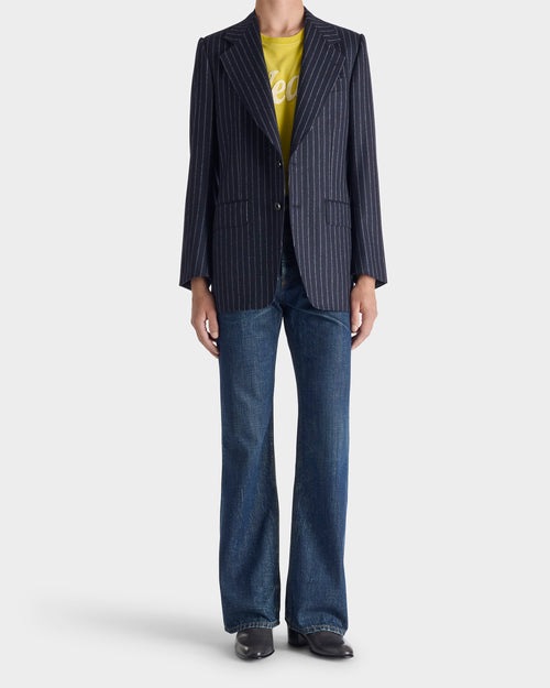 SINGLE-BREASTED JACKET IN WOOL FLANNEL - NAVY WITH WHITE CORD STRIPES - Husbands - 4