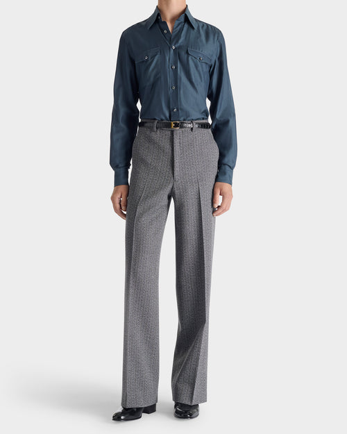 PANTALON LARGE EN SERGÉ DE LAINE VIERGE 4-PLY - GRIS À CHEVRONS ET RAYURES - Husbands Paris - 4