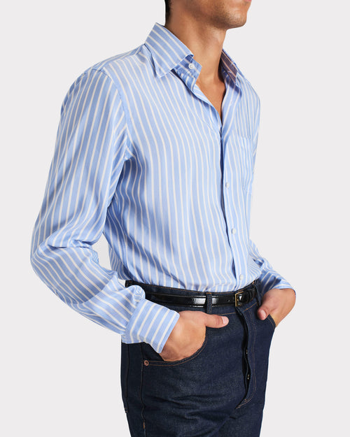 WIDE COLLAR SHIRT IN SILK POPLIN - BLUE AND WHITE BUTCHER STRIPES - Husbands Paris - 4