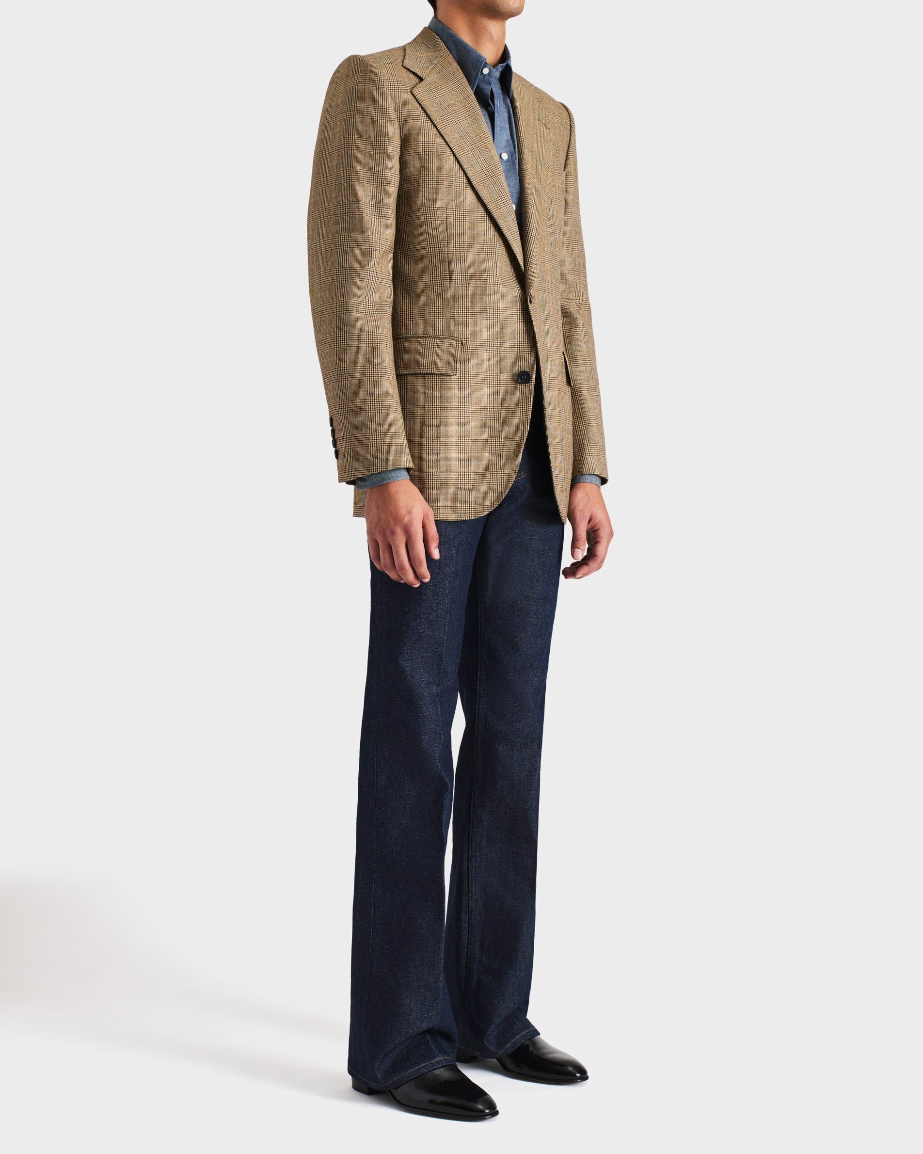 SINGLE-BREASTED JACKET IN WORSTED WOOL - BLACK & TAN GLEN CHECK