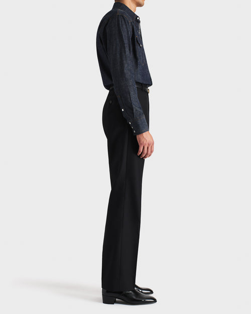 PANTALON DROIT EN SERGÉ DE LAINE PEIGNÉE - NOIR - Husbands Paris - 4