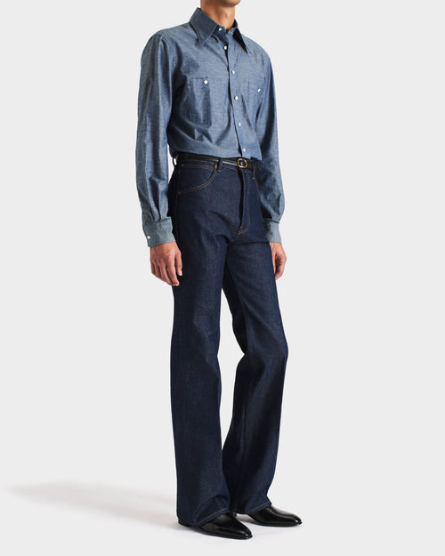 CHEMISE COL LARGE EN COTON ET LIN CHAMBRAY - BLEU FONCÉ - Husbands Paris - 5