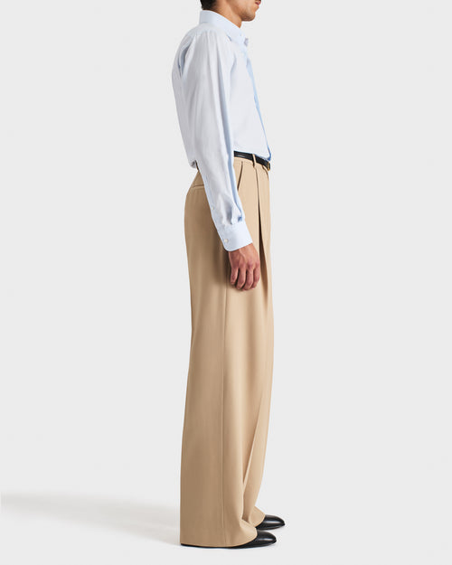 PANTALON LARGE À PLIS EN GABARDINE DE LAINE - BEIGE - Husbands Paris - 4