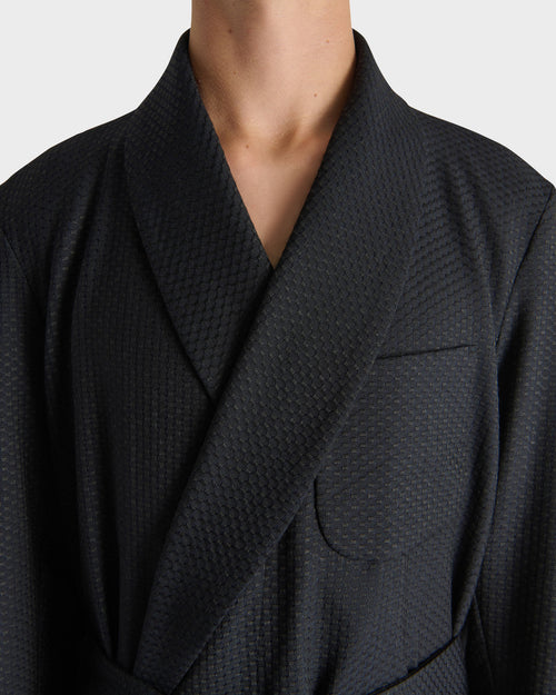 DRESSING GOWN IN VIRGIN WOOL AND SILK - BLACK AND NAVY MICRO PATTERN - Husbands - 5