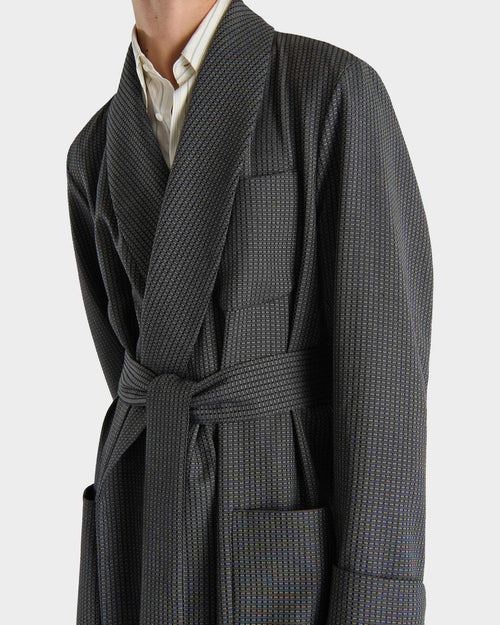 DRESSING GOWN IN VIRGIN WOOL AND SILK - GREY AND BLACK MICRO PATTERN - Husbands - 4