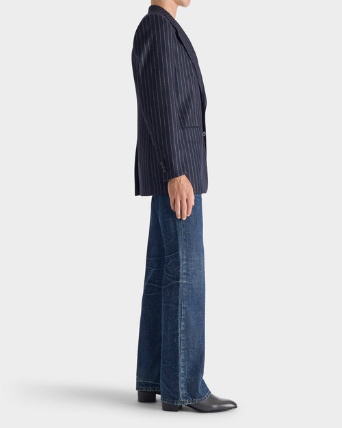 SINGLE-BREASTED JACKET IN WOOL FLANNEL - NAVY WITH WHITE CORD STRIPES - Husbands - 3