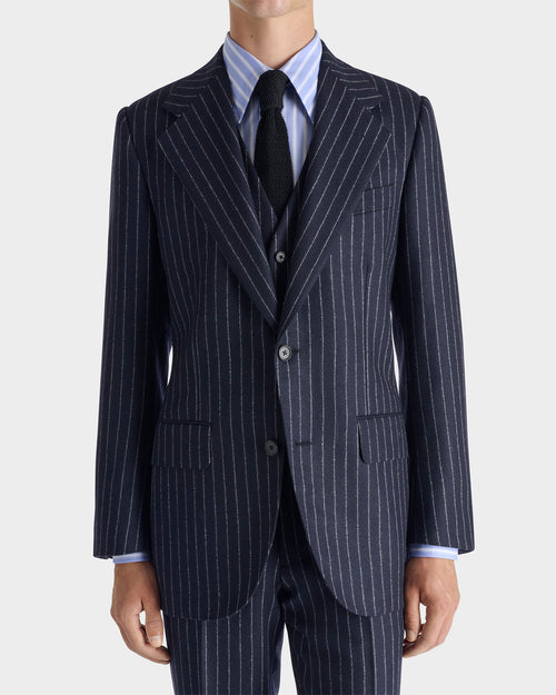 SINGLE-BREASTED 3-PIECE SUIT IN WOOL FLANNEL - NAVY WITH WHITE CORD STRIPES - Husbands - 4