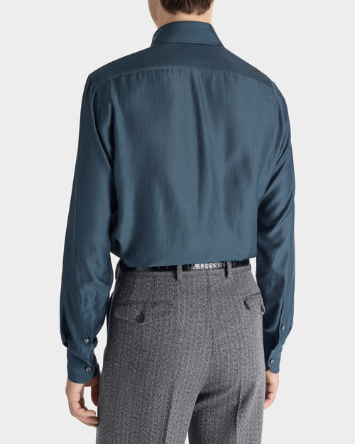WIDE COLLAR SHIRT IN COTTON & SILK TWILL - INDIGO - Husbands Paris - 5