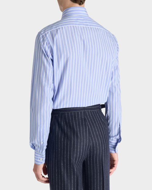 CHEMISE COL LARGE EN POPLINE DE COTON SUPIMA - BLEUE À RAYURES BLANCHES - Husbands Paris - 6