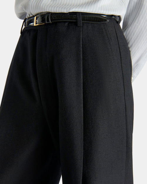 WIDE PLEATED TROUSERS IN WOOL FLANNEL - BLACK - Husbands - 5