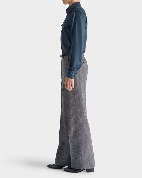 PANTALON LARGE EN SERGÉ DE LAINE VIERGE 4-PLY - GRIS À CHEVRONS ET RAYURES - Husbands Paris - 5