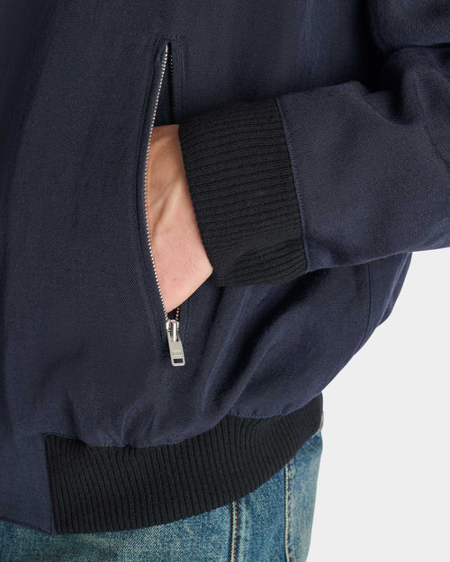 ZIPPED JACKET IN WOOL & LINEN TWILL - NAVY - Husbands Paris - 5
