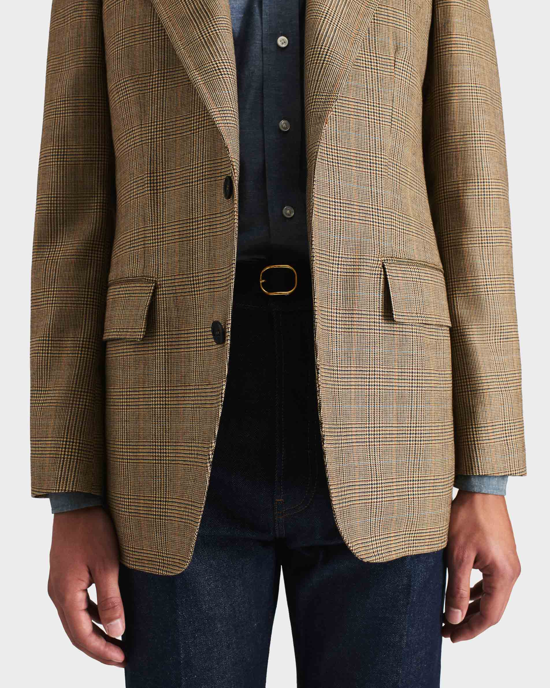 SINGLE-BREASTED JACKET IN WORSTED WOOL - BLACK & TAN GLEN CHECK