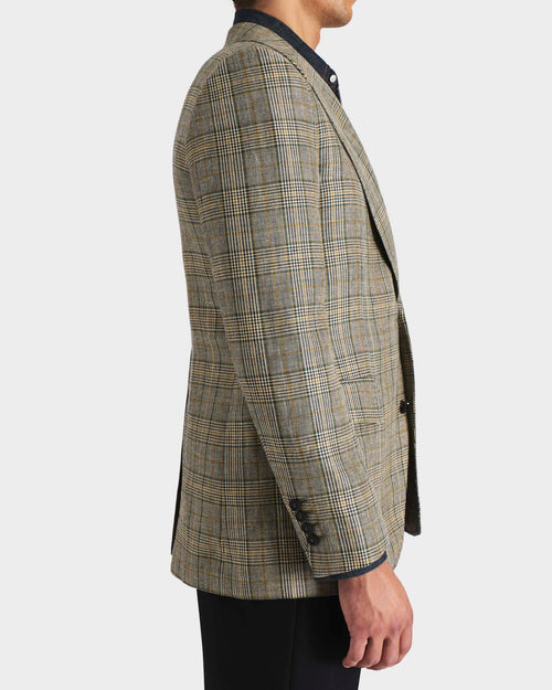 VESTE DROITE EN LAINE PEIGNÉE ET LIN - BLEU MARINE ET TEAL GLENCHECK - Husbands Paris - 4