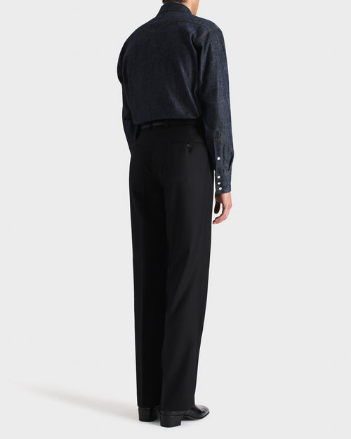 PANTALON DROIT EN SERGÉ DE LAINE PEIGNÉE - NOIR - Husbands Paris - 3
