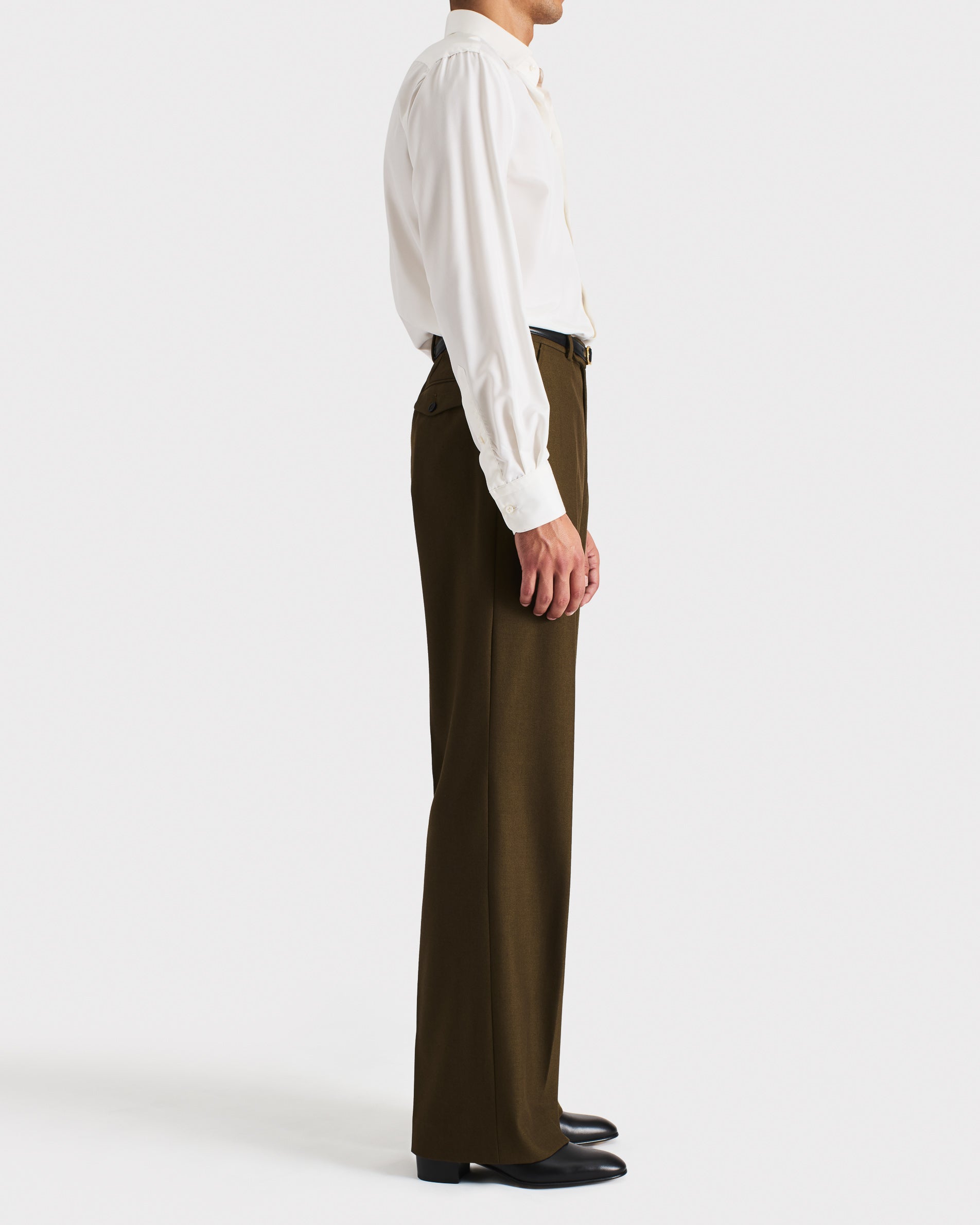 WIDE TROUSERS IN POLY-WOOL & VISCOSE TWILL - KHAKI | Husbands Paris