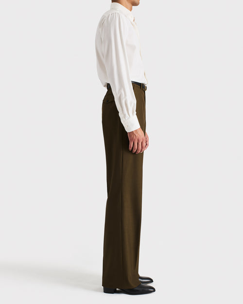 PANTALON LARGE EN POLY-WOOL ET SERGÉ DE VISCOSE - KAKI - Husbands Paris - 3