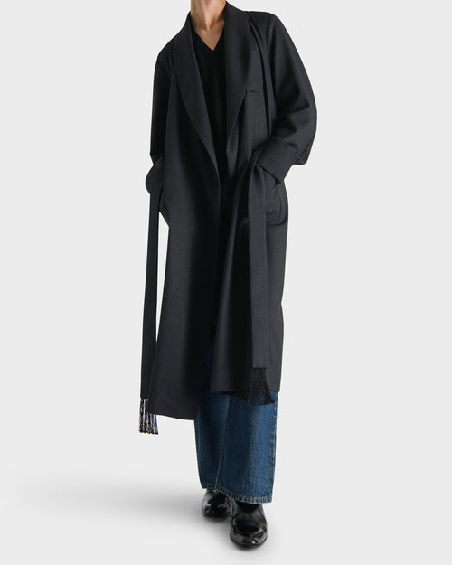 DRESSING GOWN IN VIRGIN WOOL AND SILK - BLACK AND NAVY MICRO PATTERN - Husbands - 6