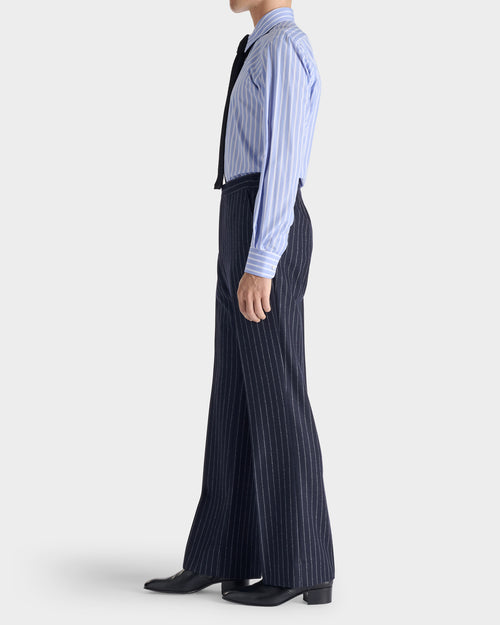 CHEMISE COL LARGE EN POPLINE DE COTON SUPIMA - BLEUE À RAYURES BLANCHES - Husbands Paris - 5