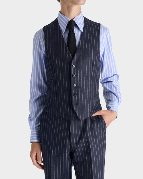 COSTUME DROIT 3 PIÈCES EN FLANELLE DE LAINE - BLEU MARINE À RAYURES BLANCHES - Husbands - 7