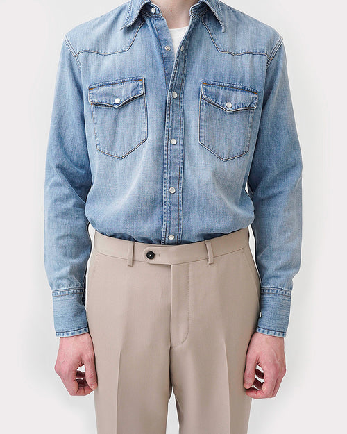 WESTERN SHIRT IN SELVEDGE COTTON DENIM - BLUE STONE WASHED - Husbands Paris - 2