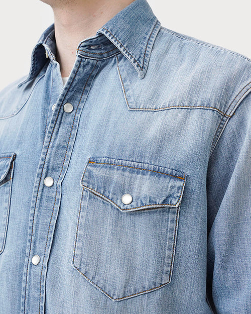 WESTERN SHIRT IN SELVEDGE COTTON DENIM - BLUE STONE WASHED - Husbands Paris - 5