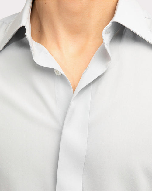 CLASSIC COLLAR SHIRT IN SILK CREPE - POWDER BLUE - Husbands Paris - 1