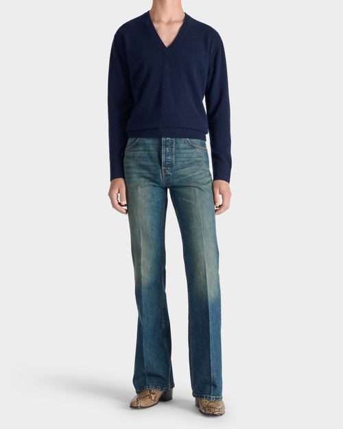 FLARED JEANS IN COTTON DENIM - WASHED INDIGO - Husbands Paris - 4