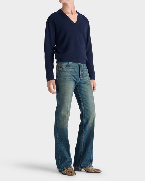 FLARED JEANS IN COTTON DENIM - WASHED INDIGO - Husbands Paris - 7
