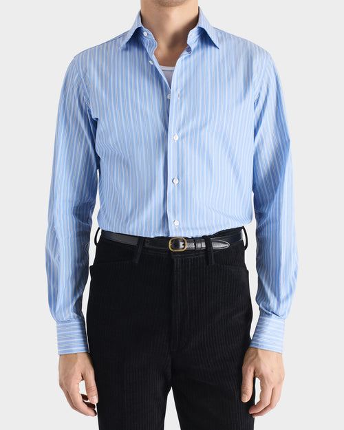 CHEMISE COL CLASSIQUE EN POPELINE DE COTON SUPIMA - BLEUE À RAYURES - Husbands Paris - 1