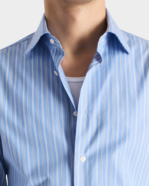 CHEMISE COL CLASSIQUE EN POPELINE DE COTON SUPIMA - BLEUE À RAYURES - Husbands Paris - 2