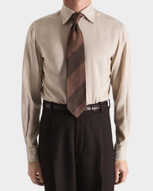 CLASSIC COLLAR SHIRT IN SILK POPLIN - CHAMPAGNE WITH STRIPES - Husbands Paris - 1