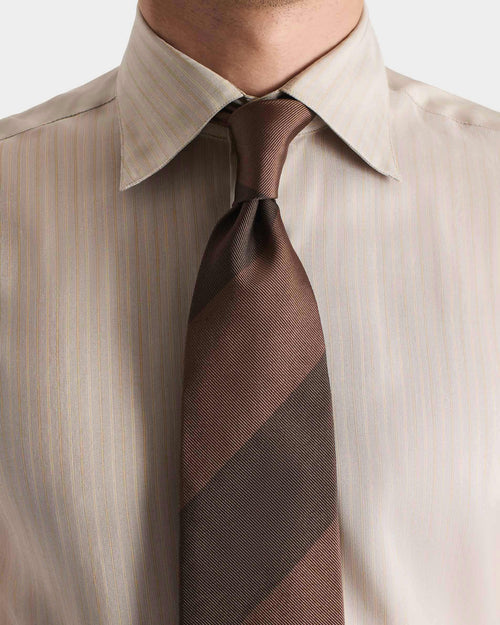 CLASSIC COLLAR SHIRT IN SILK POPLIN - CHAMPAGNE WITH STRIPES - Husbands Paris - 2