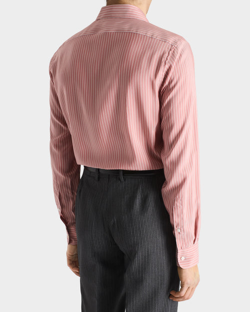 CHEMISE COL CLASSIQUE EN POPELINE DE SOIE - CORAIL À RAYURES - Husbands Paris - 6