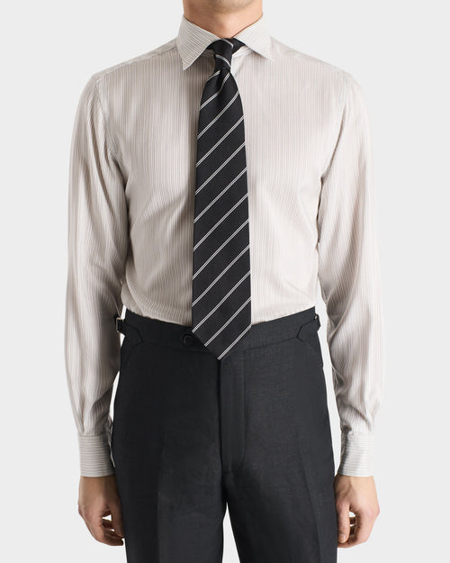 CLASSIC COLLAR SHIRT IN SILK POPLIN - WHITE WITH GREY STRIPES - Husbands Paris - 1