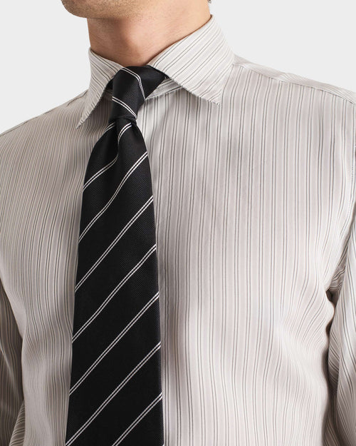CLASSIC COLLAR SHIRT IN SILK POPLIN - WHITE WITH GREY STRIPES - Husbands Paris - 2