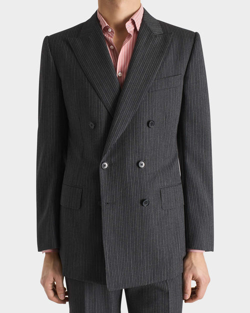 COSTUME CROISÉ EN SERGÉ DE LAINE - ANTHRACITE À RAYURES GRISES - Husbands Paris - 4