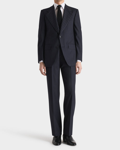 COSTUME DROIT EN SERGÉ DE LAINE - BLEU MARINE À RAYURES GRIS CLAIR - Husbands Paris - 1