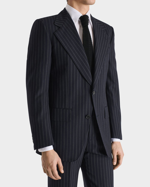 COSTUME DROIT EN SERGÉ DE LAINE - BLEU MARINE À RAYURES GRIS CLAIR - Husbands Paris - 4