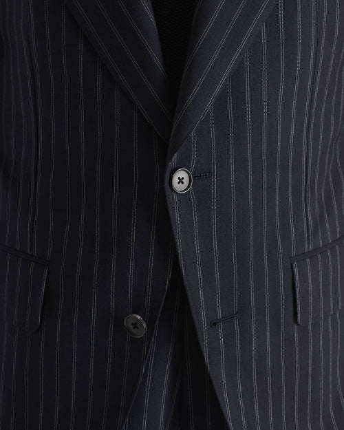 COSTUME DROIT EN SERGÉ DE LAINE - BLEU MARINE À RAYURES GRIS CLAIR - Husbands Paris - 2