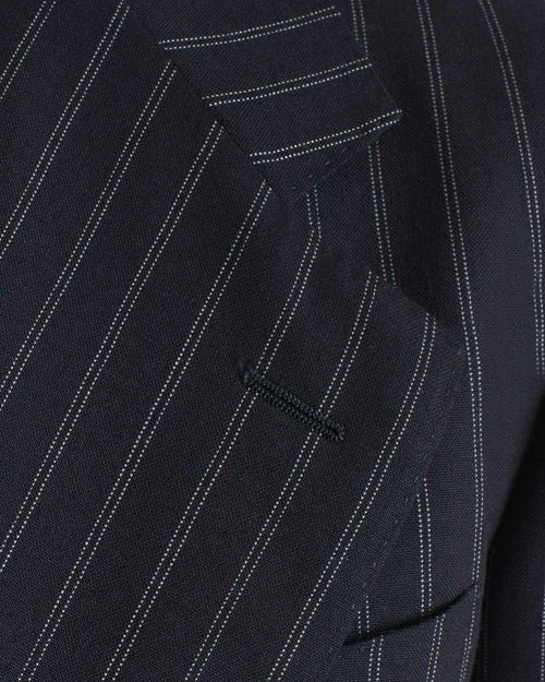 COSTUME DROIT EN SERGÉ DE LAINE - BLEU MARINE À RAYURES GRIS CLAIR - Husbands Paris - 7