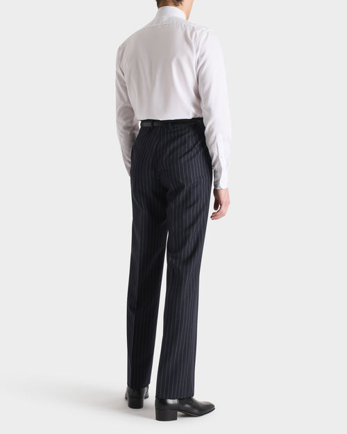 COSTUME DROIT EN SERGÉ DE LAINE - BLEU MARINE À RAYURES GRIS CLAIR - Husbands Paris - 6