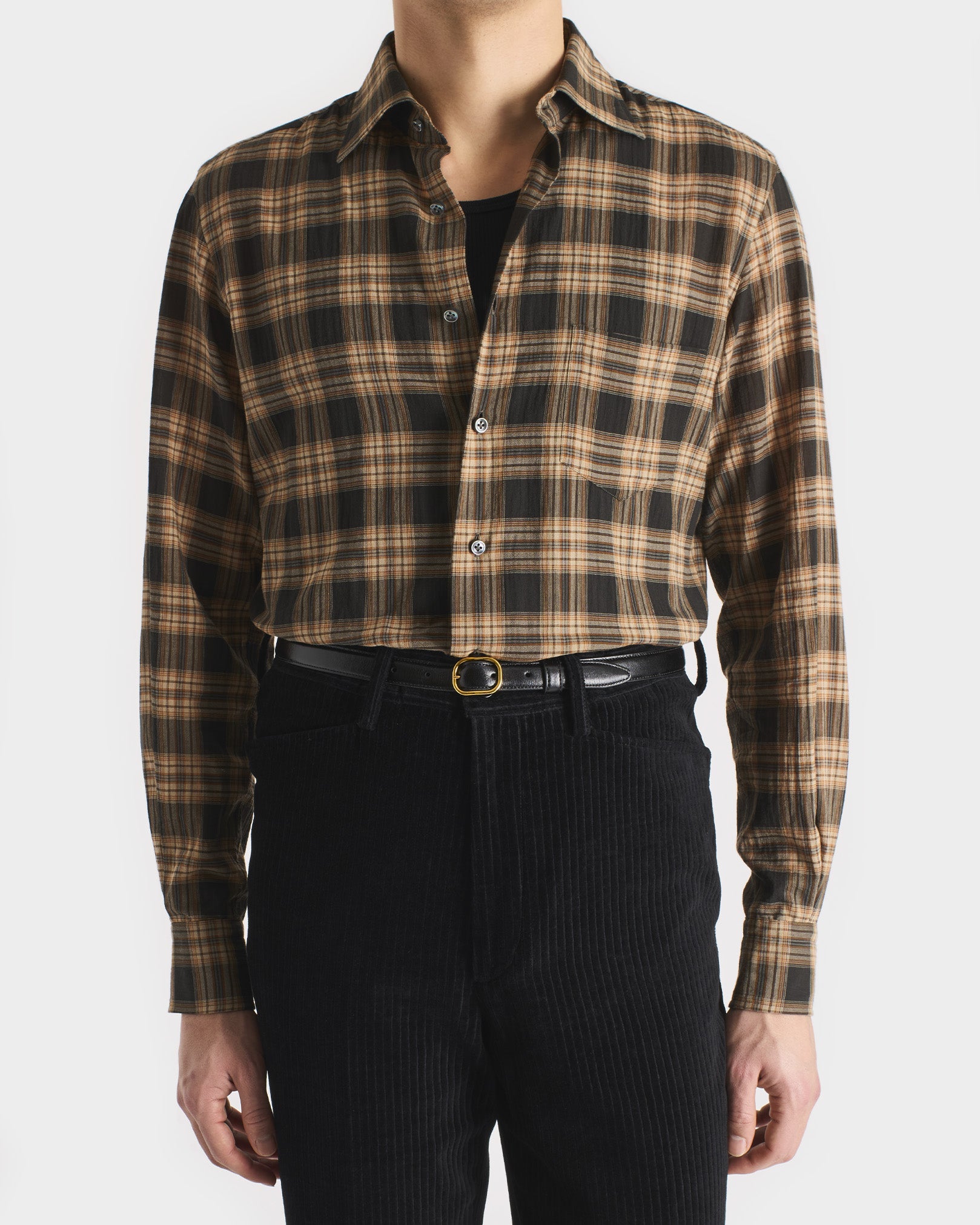 CLASSIC COLLAR SHIRT IN COTTON VOILE - DARK TAUPE & BEIGE PLAID CLASSIC COLLAR SHIRT IN COTTON VOILE - DARK TAUPE & BEIGE PLAID