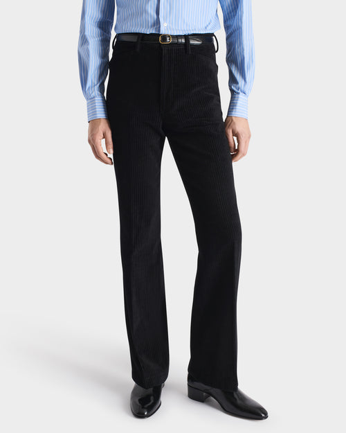 FLARED TROUSERS IN COTTON, VISCOSE & LINEN CORDUROY - BLACK | Husbands Paris FLARED TROUSERS IN COTTON, VISCOSE & LINEN CORDUROY - BLACK | Husbands Paris