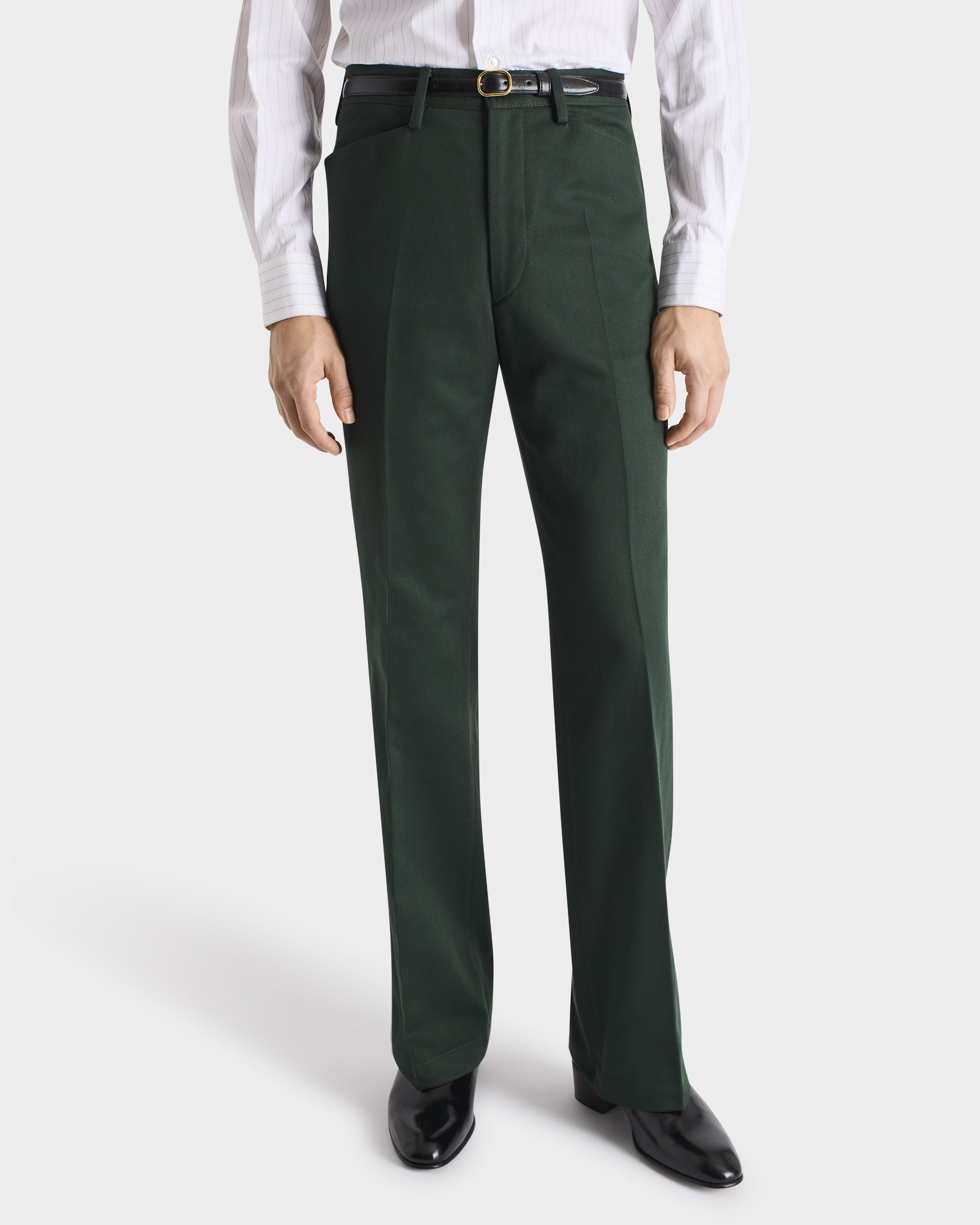 FLARED TROUSERS IN POLY-COTTON TWILL - BOTTLE GREEN | Husbands Paris